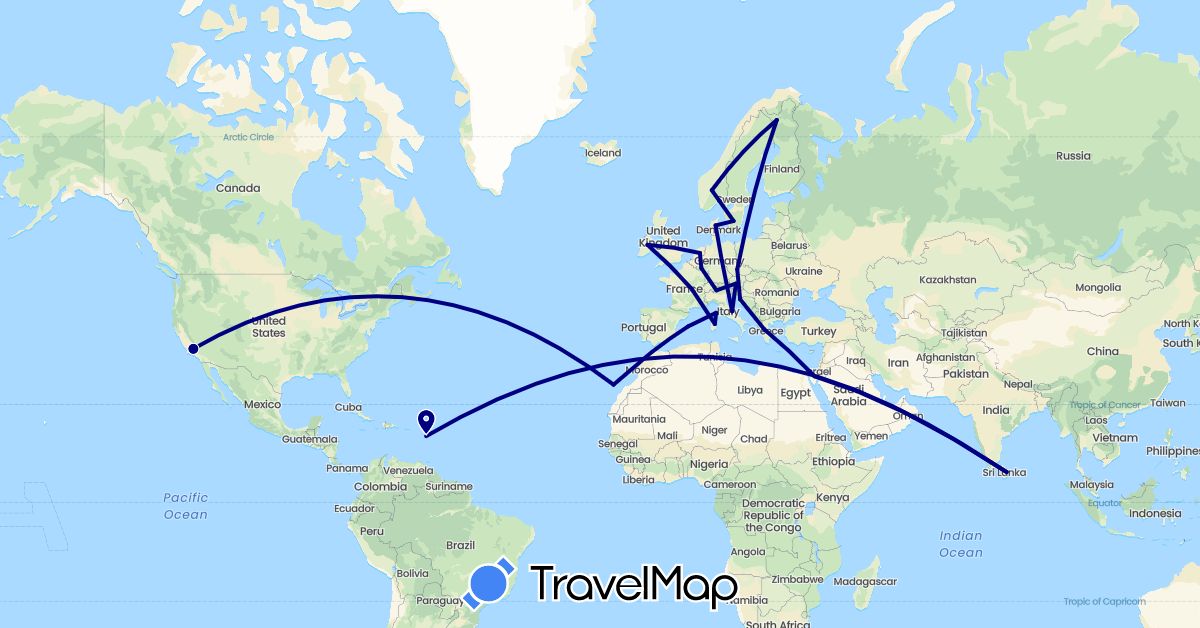 TravelMap itinerary: driving in Austria, Czech Republic, Germany, Denmark, Egypt, Spain, Finland, France, Greece, Croatia, Ireland, Italy, Sri Lanka, Luxembourg, Netherlands, Norway, Sweden, United States (Africa, Asia, Europe, North America)